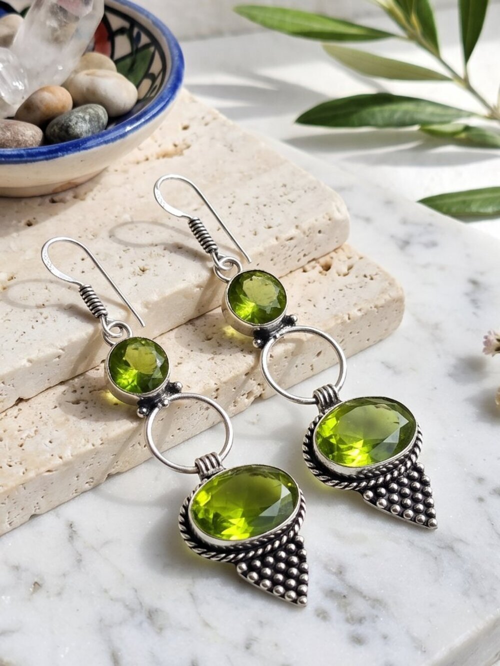 925 Sterling Silver Genuine Peridot Artisan Dangle Earrings Green Drop 2.5"